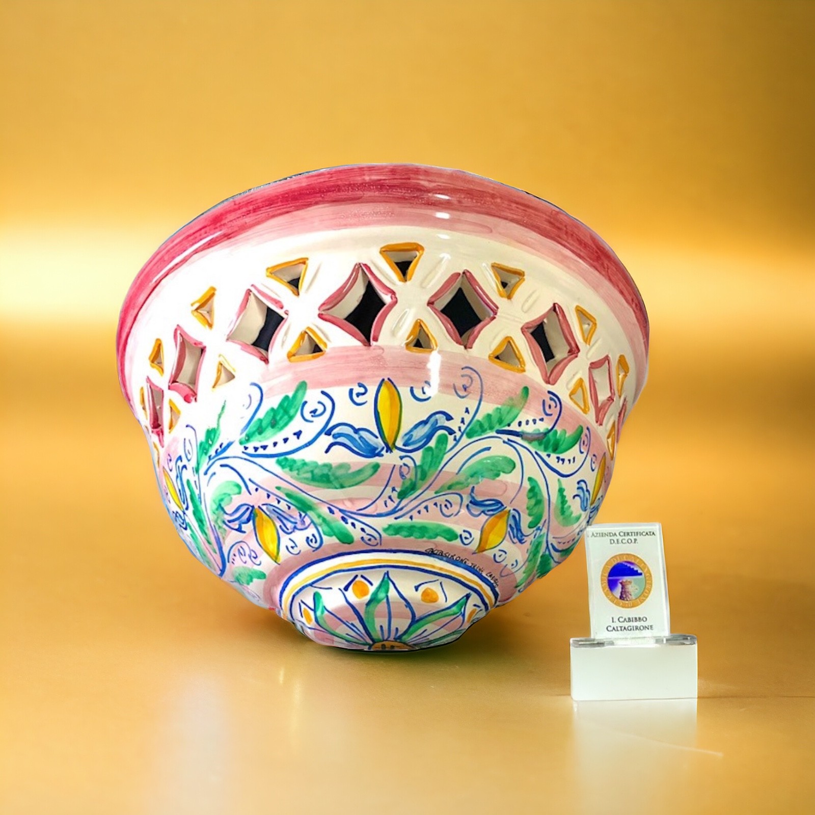 Gerla d.37 decoro Rosa antico in ceramica di Caltagirone